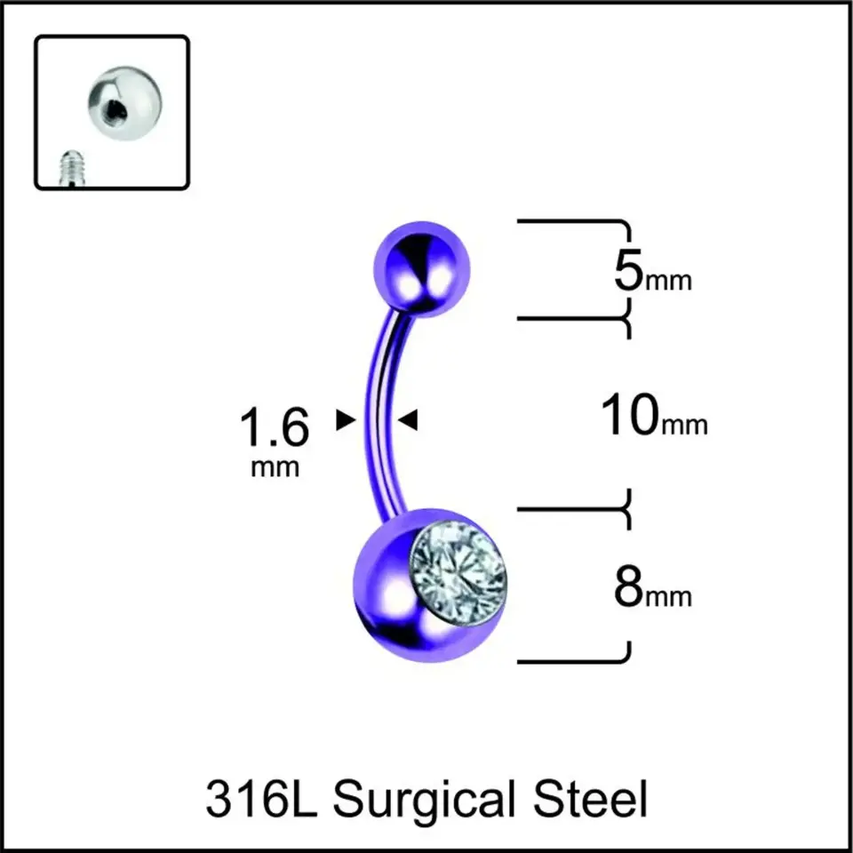 Mor Işıltılı Kristal Taşlı 316L Cerrahi Çelik Göbek Piercing Yakın Çekim