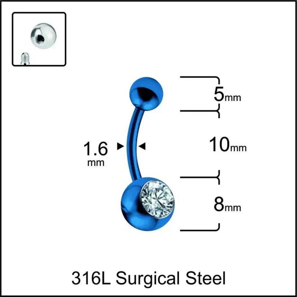 Mavi Kristal Taşlı 316L Cerrahi Çelik Göbek Piercing Yakın Çekim