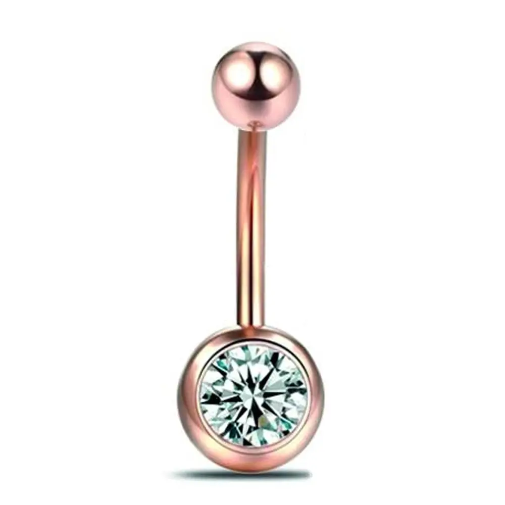 Rose Renk Tek Taşlı 316L Cerrahi Çelik Göbek Piercing Işıltılı Görünüm