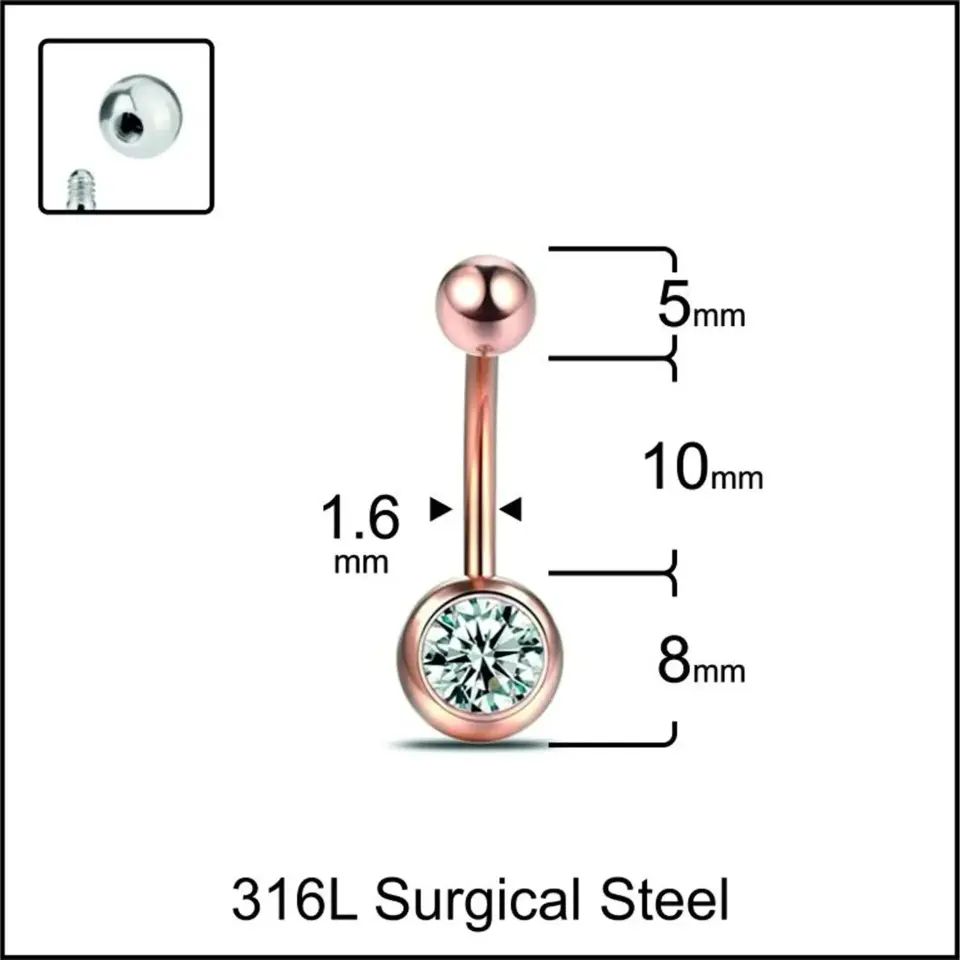 Rose Renk Tek Taşlı 316L Cerrahi Çelik Göbek Piercing Taş Detay Görünümü