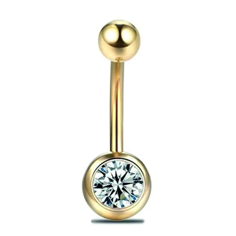 Altın Renk Tek Taşlı 316L Cerrahi Çelik Göbek Piercing Işıltılı Görünüm