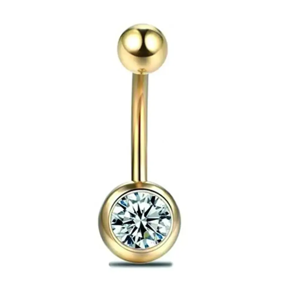 Altın Renk Tek Taşlı 316L Cerrahi Çelik Göbek Piercing Işıltılı Görünüm