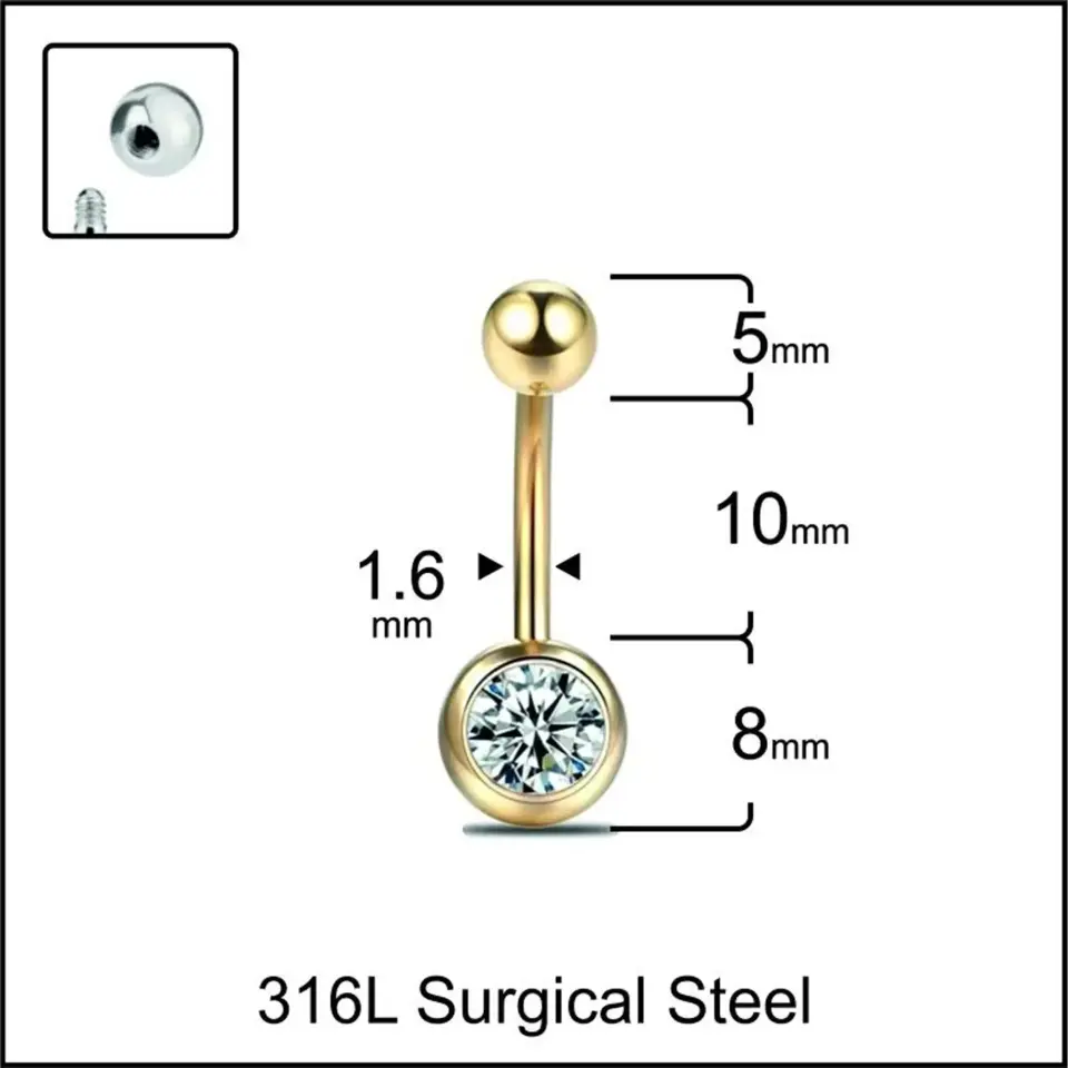 Altın Renk Tek Taşlı 316L Cerrahi Çelik Göbek Piercing Kristal Detayı