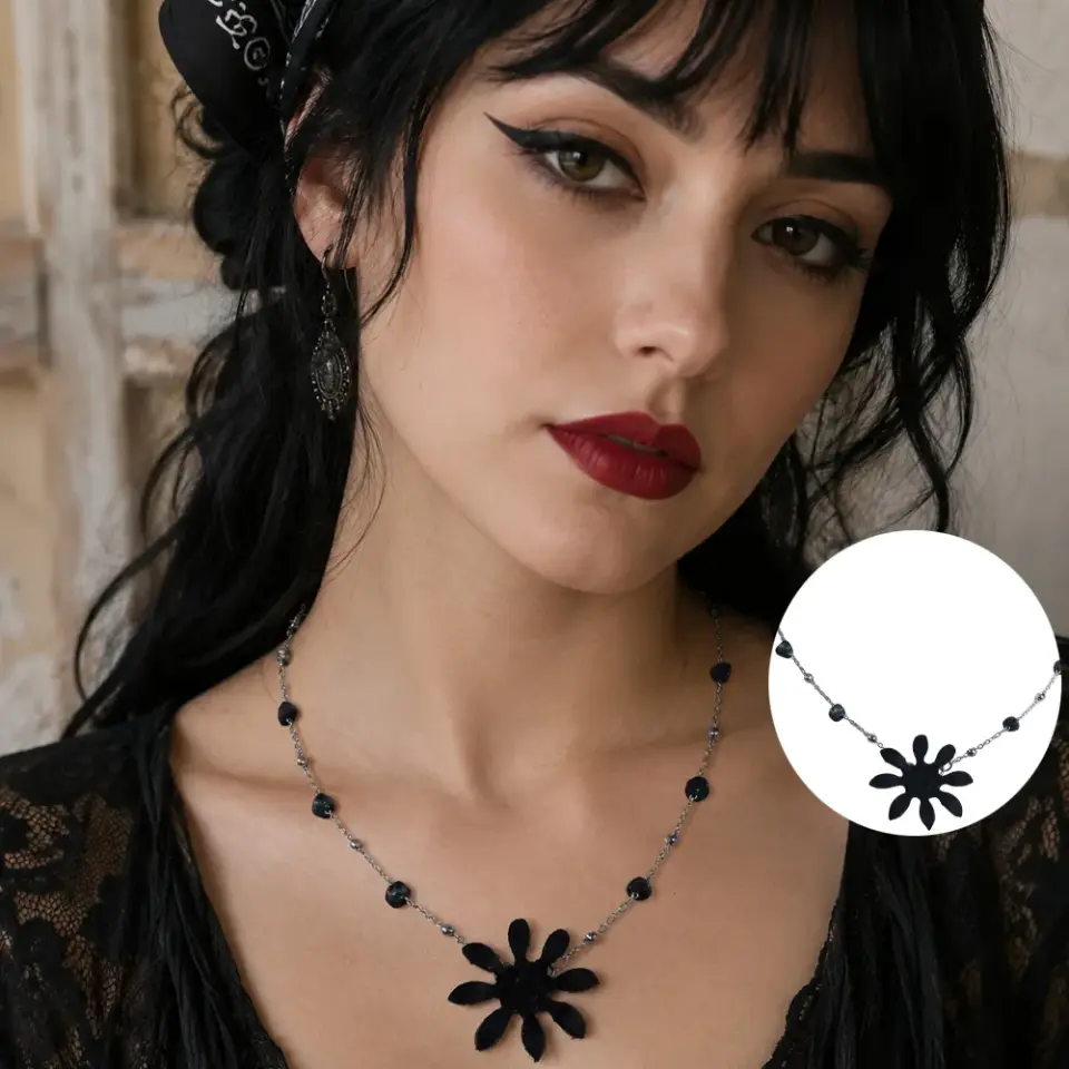Freya siyah el yapımı crazy deri çiçek kolye, paslanmaz çelik zincirli bohem kadın kolye